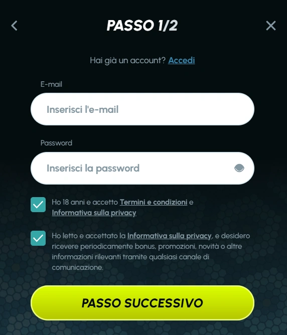 Slotexo Casino Registration step 1